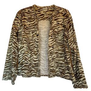 Chicos Tiger Animal Print Jacket Blazer Open Ruffle Hems Chicos Sz 2/Med Safari